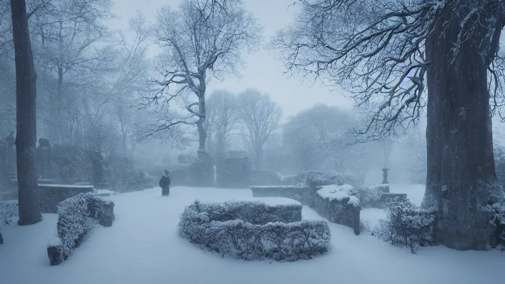 Image similar to the tall castle walls overshadow the secret garden in winter. andreas achenbach, artgerm, mikko lagerstedt, zack snyder, tokujin yoshioka