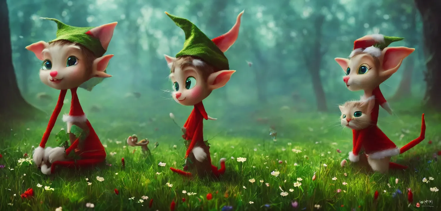 Prompt: forest, cute funny elf with beauty head - cat sitting in grass flowers, in the style of craola, shallow depth of field, highly detailed, digital painting, trending artstation, concept art, illustration, cinematic lighting, vibrant colors, photorealism, epic, octane render