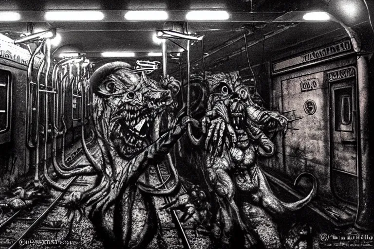 Image similar to very large giant mutant zombie irradiated angry rat sraying on railways in tonnel of moscow subway. extreme high detail, very realistic. low dark light, scary mood. giger and hermann nitsch