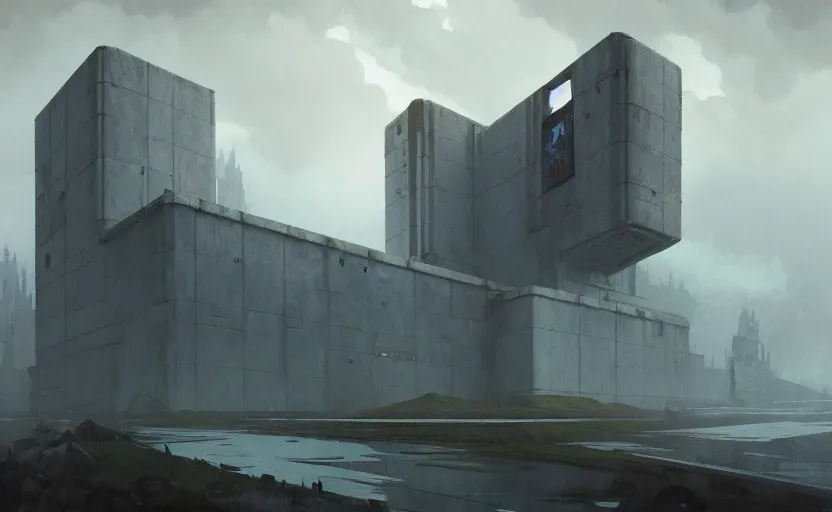 Image similar to painting of a wide angle exterior shot of a white concerete brutalist architecture stronghold modern castle with rainy and moody cinematic lighting by darek zabrocki and greg ruthkowski, alphonse mucha, simon stalenhag and cinematic and blue cold atmospheric, archillect concept art, artstation, trending on artstation