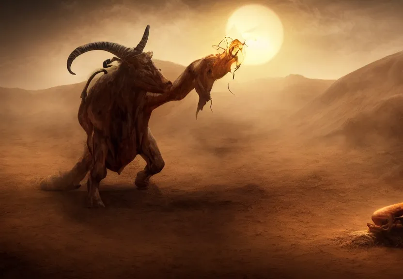 Prompt: terrific jinn demon in middle of desert with hoof on his feet and goat face with long cloth afraid of beautiful powerful angel, epic, good vs evil, atmosphere, harsh lighting, cinematic lighting,, award wining art, artstation, high details, concept art, 4 k