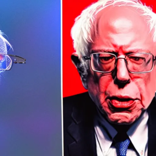 Prompt: a heat ray shooting out of bernie sanders'eyes, synthwave