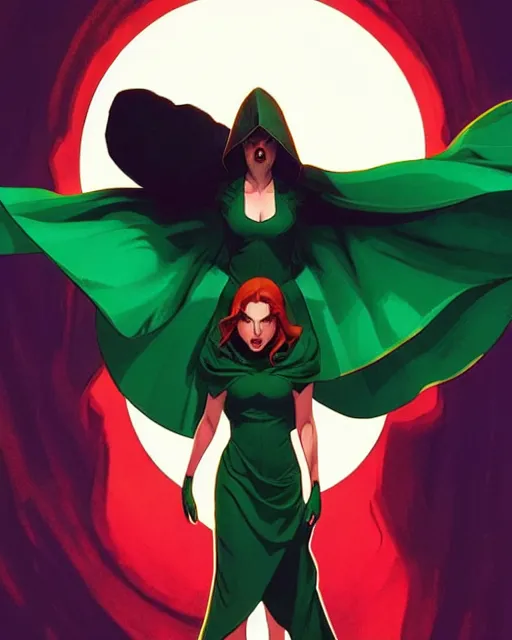 Image similar to Rafeal Albuquerque comic art, Joshua Middleton comic art, cinematics lighting, beautiful Anna Kendrick supervillain, green dress with a black hood, angry, symmetrical face, full body, flying in the air, night time, red mood in background