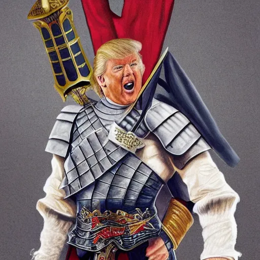 Prompt: donald trump wearing knights armor, donald trump holding one broadsword, by hans holdein, donald trumps highly detailed handsome face, two arms, two legs