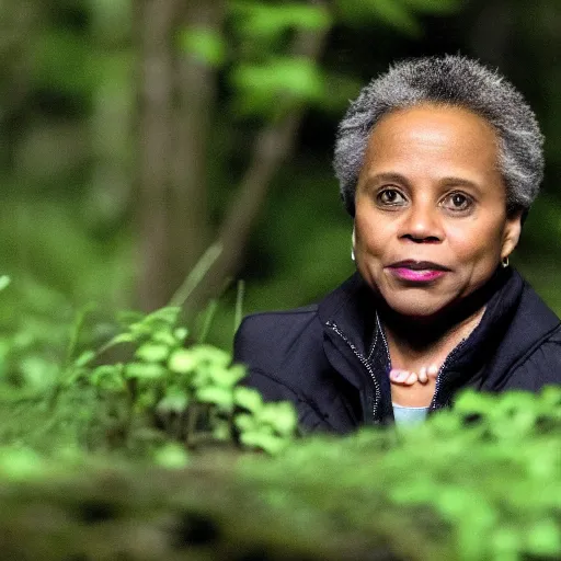 Prompt: chicago mayor lori lightfoot was spotted on woodland trail cam at midnight green night vision