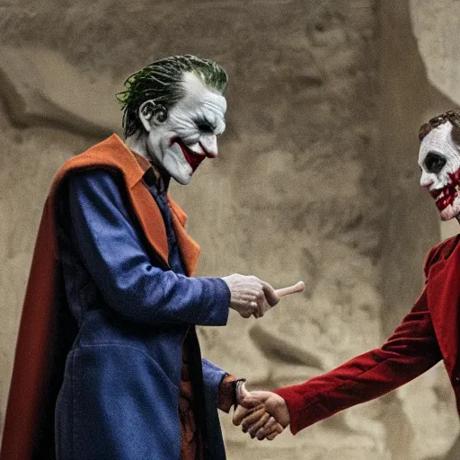 Prompt: cinematic shot of the joker shaking hands with julius caesar in ancient rome, 8 k, very detailed, very intricate,