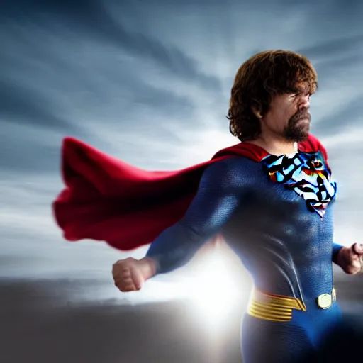 Prompt: stunning awe inspiring peter dinklage as superman, movie still 8 k hdr atmospheric lighting