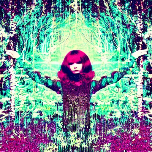 Image similar to “music album cover Bjork style redhead girl in a magic forest glitch noise pixelsorting RGB shift high resolution”