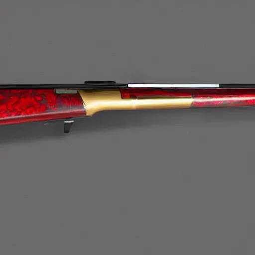 Image similar to a shotgun made from glossy red - painted wood and elements of gold metalwork