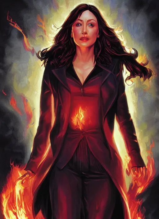 Prompt: a 8K DC comic of Prue Halliwell as Zatanna from DC comics , wavy hair . D&D style, sharp definition, surrounded by flames. Art by by Greg Rutkowski and Dan Mumford.