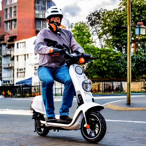 Image similar to A seagull on too of the the head of a man, the man is riding an electric scooter, he has a seagull on his head