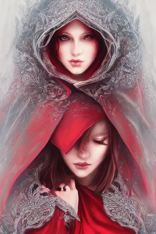 Image similar to Ethereal red riding hood, intricate detail, ornate, conceptual art, soft light, dynamic, art by artgerm