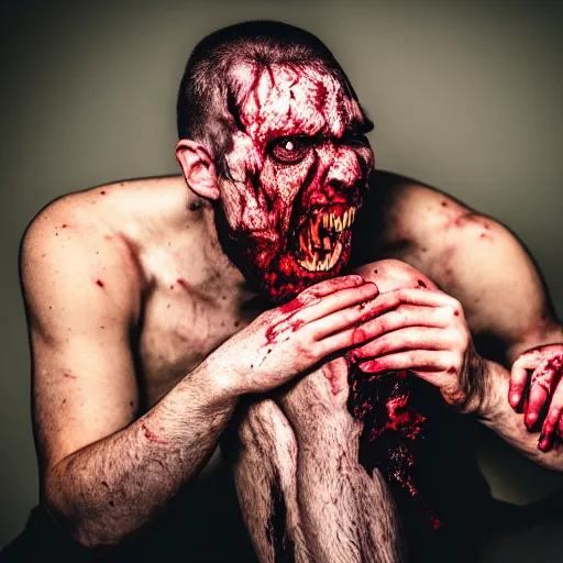 Image similar to 5 5 mm portrait photo of a zombie eating his own leg, 4 k photo, dramatic lighting, dslr, canon m 5 0, close up portrait