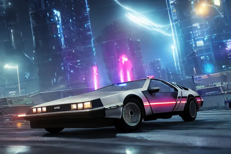 Image similar to photo of the back to the future delorean being chased by police on wet cyberpunk city streets at night, rocket league tank, mad max, action, speed, volumetric lighting, hdr, gta 5, makoto shinkai, syd mead, borderlands, fast and furious, octane, 8 k, iso 1 0 0, 1 2 mm