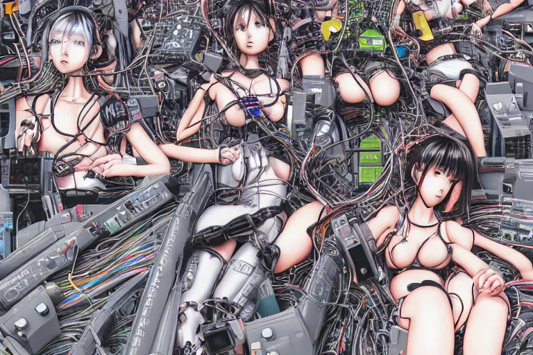 Image similar to cyberpunk anime illustration of a group of female android dolls lying on an empty white background in various poses with their bodies open showing a mess of wires and cables coming out, by katsuhiro otomo and masamune shirow, hyper-detailed, colorful, beautiful, manga, bird view