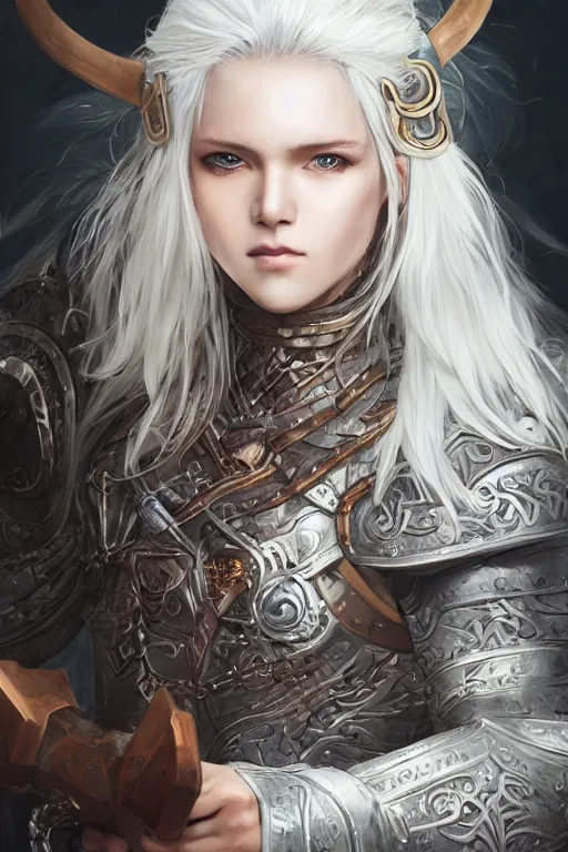 Image similar to A realistic anime portrait of a beautiful white haired female barbarian wearing an intricate viking armor, digital painting, by Stanley Artgerm Lau, Sakimichan, WLOP and Rossdraws, digital painting, painterly, Pixiv, Deviantart, golden ratio, rule of thirds, good composition, HD, 8k, award winning, promo art, splash art, rpg, jrpg, dungeons and dragons, DND, trending on ArtStation