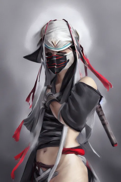 Prompt: native japanese young woman dressed like shinobi ninja, focused stare, partially masked, highly detailed, photorealistic render, digital painting, trending on artstation, character design, overcast weather