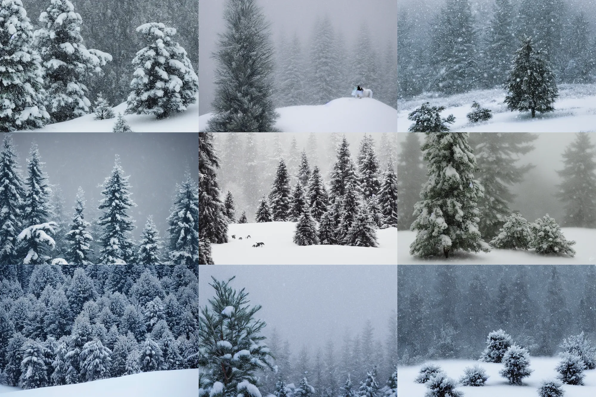 Prompt: little rabbits, snowy pine tree landscape, foggy mountain