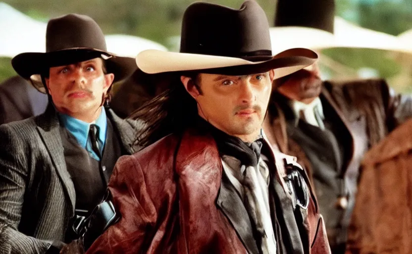 Prompt: screenshot of Tim Robinson wearing the Lone Ranger disguise, 1990s tv show, Walker Texas Ranger cinematography, hyper-detailed, sharp, kodak color, 4k