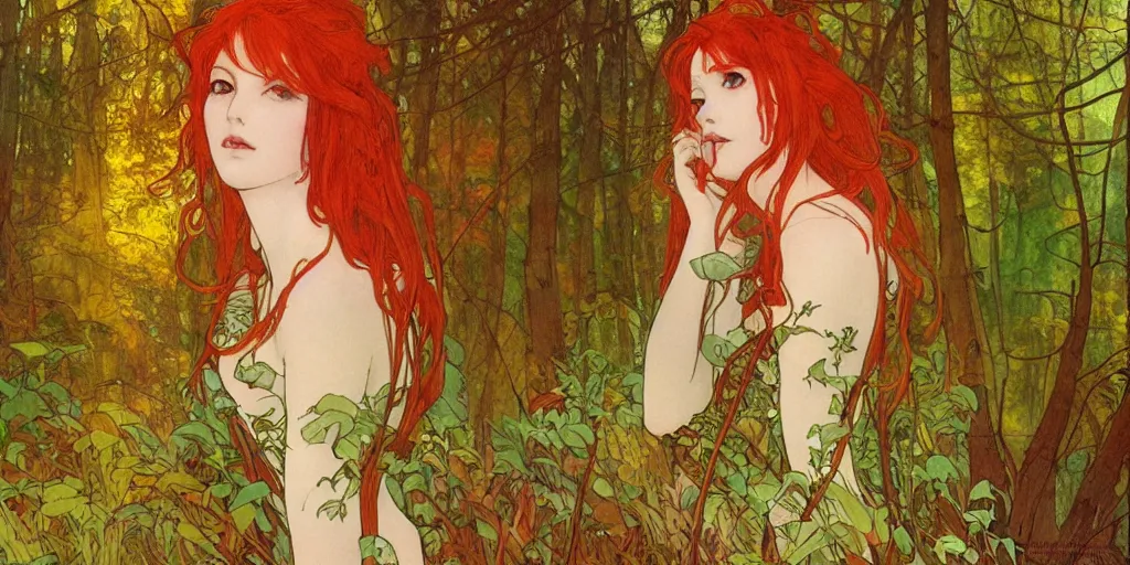 Image similar to a beautiful illustration of a red head female in a forest, autumn, cinematic composition, mist, style of yoshitaka amano and alfons mucha