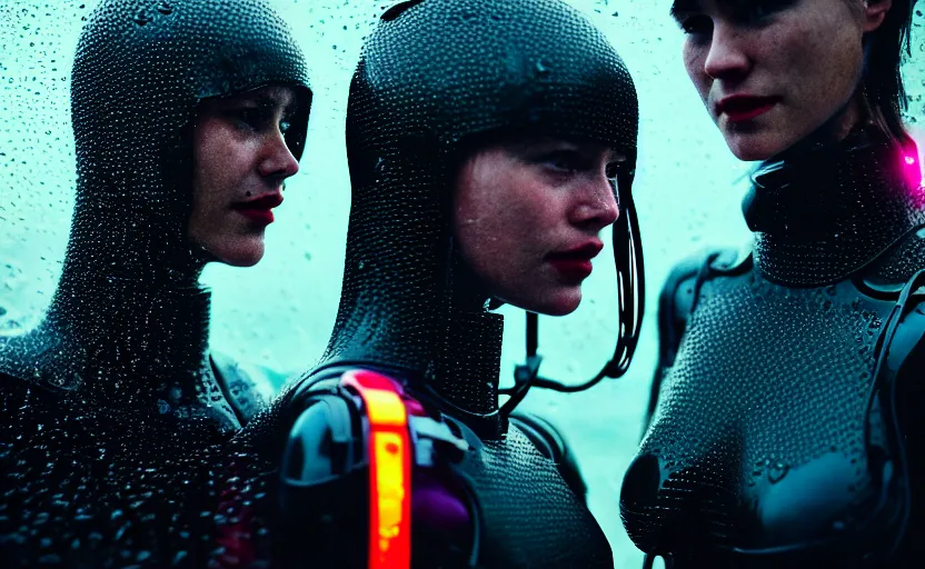 Image similar to cinestill 5 0 d candid photographic portrait by christopher nolan of two loving female androids wearing rugged black mesh techwear in treacherous waters, extreme closeup, modern cyberpunk retrofuturism moody emotional cinematic, pouring colorful rain, 8 k, hd, high resolution, 3 5 mm, f / 3 2, ultra realistic faces, ex machina