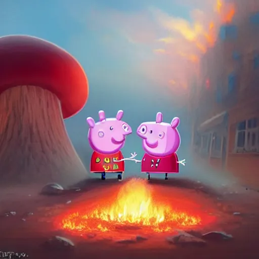 Prompt: Peppa Pig plays in front on a large nuclear explosion that has created a large nuclear mushroom and is totally oblivious to the fact that the city is in flames and everyone die. Elegant, intricate, digital painting, artstation, concept art, smooth, sharp focus, illustration, art by artgerm and greg rutkowski and alphonse mucha