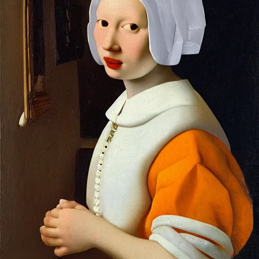 Image similar to an orange cat by jan vermeer, oil painting ， a pearl necklace, byhighly detailed ， headshot, 8 k