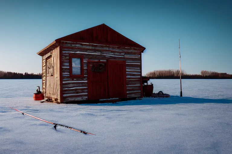 Image similar to landscape photography. ice fishing shack on a frozen lake, wes anderson film screenshot