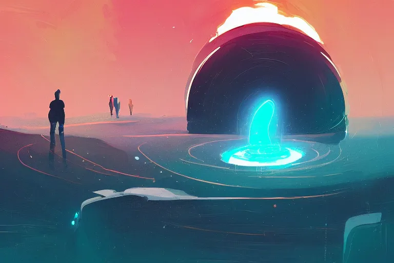 Image similar to humans and a black hole by petros afshar and james gilleard and alena aenami, trending on deviantart, masterpiece, detailed, warm colors