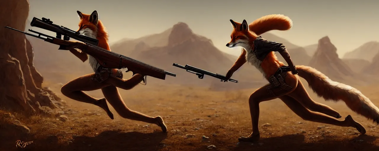 Image similar to an illustration of an anthropomorphic fox - woman running and gunning with a winchester rifle, wild west theme, focal depth,, many details, action, greg rutkowski style, high quality, 8 k,