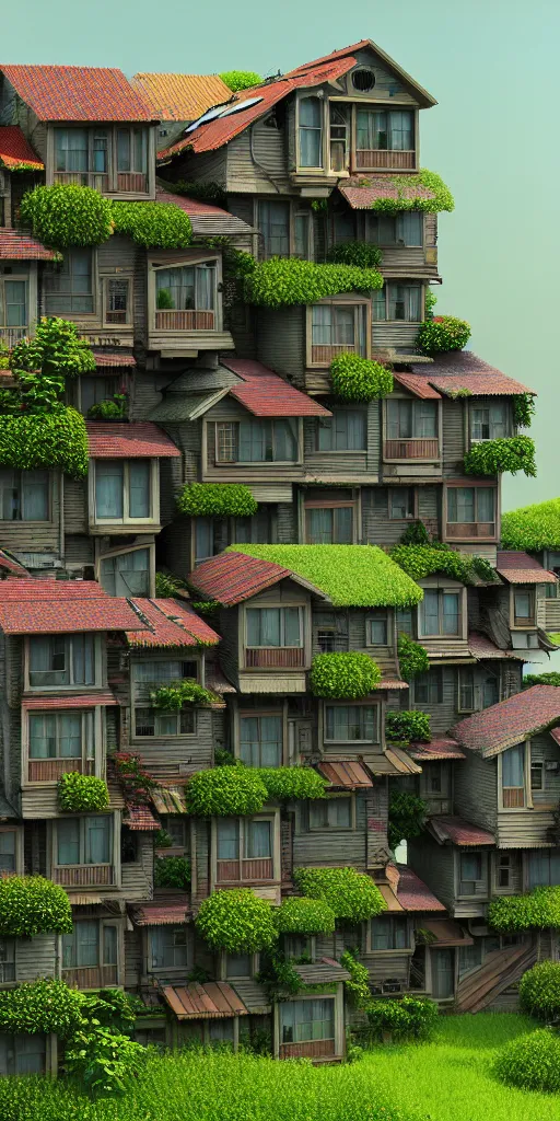 Image similar to stacked houses, solarpunk, studio ghibli, jean - baptiste monge, octane render, 4 k