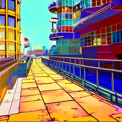 Image similar to oceanfront walkway, futuristic city, colorful city, curved railing, long railing, shining sea, cel - shading, 2 0 0 1 anime, cel - shaded, bright sunshine, jet set radio, mirror's edge, raytracing, toon - shading, strong shadows