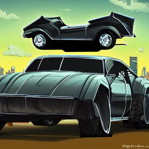 Prompt: digital art of rollcage batmobile in gotham city