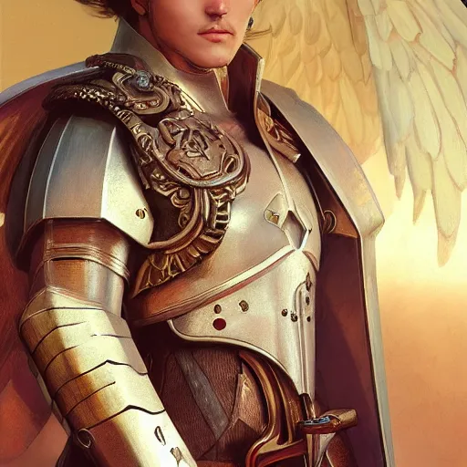 Image similar to Three quarters portrait of a male angelic paladin, highly detailed, digital painting, art by Stanley Lau and Artgerm and Greg Rutkowski and Alphonse Mucha, artstation, octane render, cgsociety