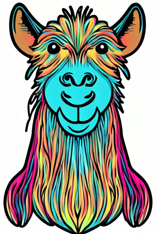 Prompt: Portrait of cute llama, sticker, andromorphic, colorful, illustration, highly detailed, simple, smooth and clean vector curves, no jagged lines, vector art, smooth