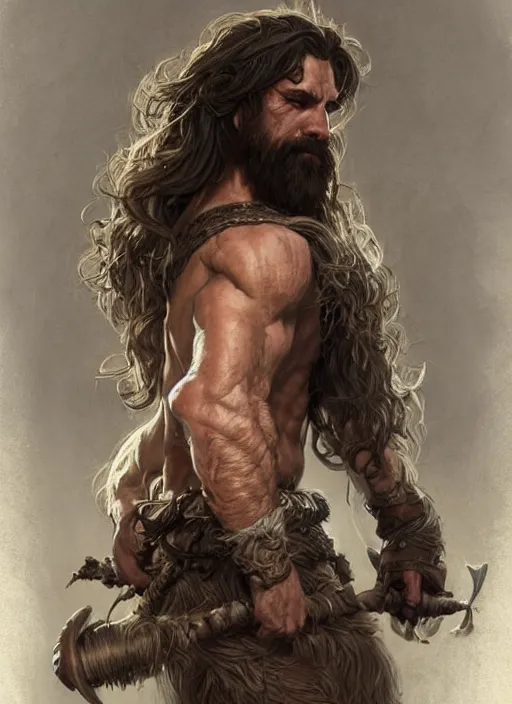 Image similar to portrait of a ruggedly old handsome cleric, soft hair, muscular body, half body, hairy, d & d, fantasy, intricate, elegant, highly detailed, digital painting, artstation, concept art, smooth, sharp focus, illustration, art by artgerm and greg rutkowski and alphonse mucha