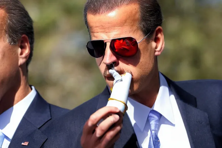 Image similar to hunter biden smoking crack pipe. wide angle view