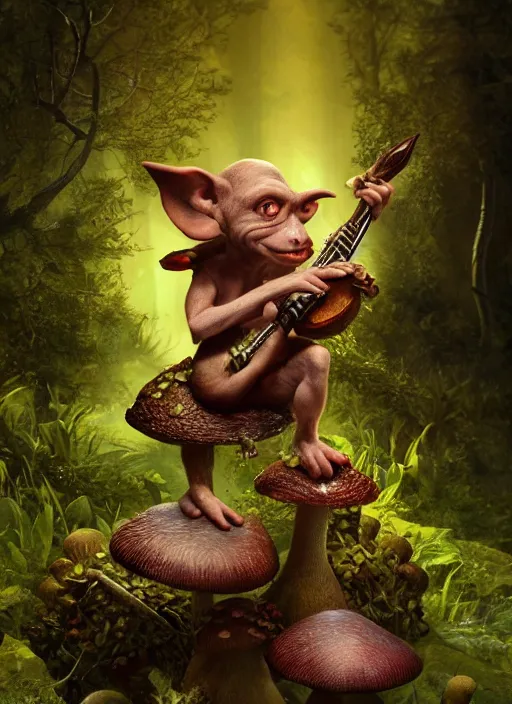 Prompt: a cute goblin sitting on a mushroom playing a lute, in the style of boris valejo and patrick woodroffe, fantastic, dramatic lighting, forest, hyperrealistic, detailed, octane render