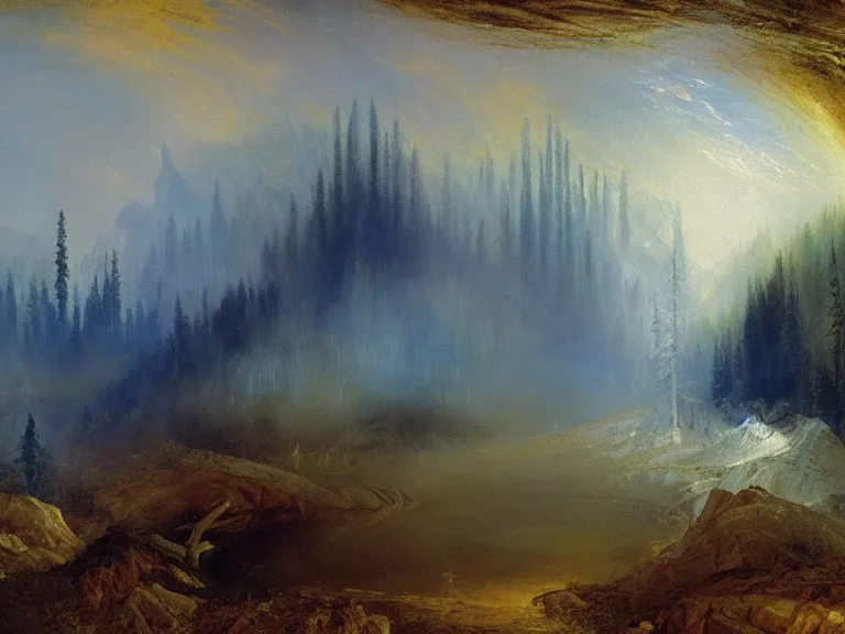 Prompt: 'Canadian Wilderness, cold, December' by J.M.W Turner. Hue breaking and color management, concept art. Epic fantasy landscape