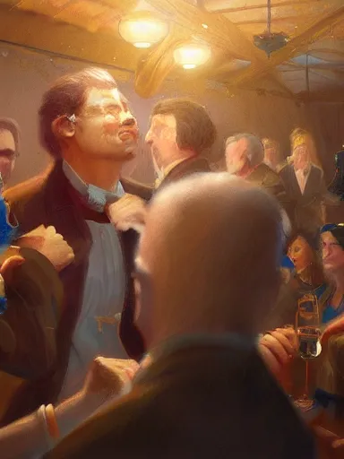 Image similar to a handsome humble middle aged man talking in a party. the soul of the party. intricate, elegant, highly detailed, digital painting, artstation, concept art, sharp focus, illustration, by justin gerard and artgerm, 8 k