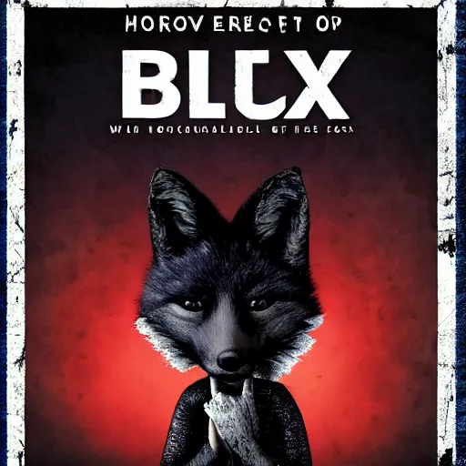 Image similar to blu-ray movie box cover for a horror movie featuring an anthropomorphic black fox dressed in casual clothing, dark and grainy