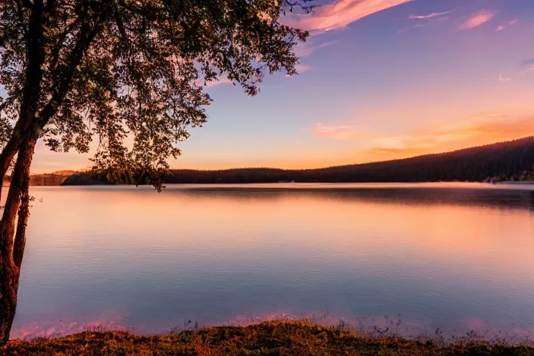Image similar to a picture of the sunset overlooking a lake, 4k