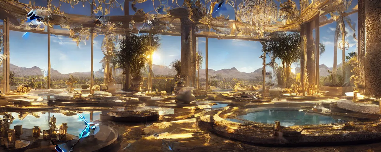 Prompt: surreal hyper luxury spa with intricate golden details with view to arid mountains and palm forest, god rays, light ray beam, candles, ultra detailed, photorealism, sharp focus, volumetric light, global illumination