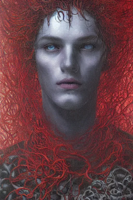 Image similar to portrait of beautiful gothic young man, thunderstorm, cyber armor, a lot of scars, more and more flowers, red head, the middle ages, highly detailed, artstation, illustration, art by jean delville, 8 k quality, art by greg gandy