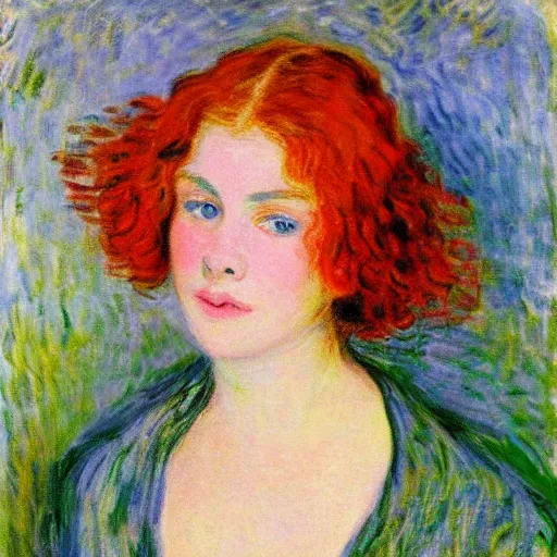 Prompt: portrait young beautiful red hair woman with a well cut jaw round cheeks and blue eyes by claude monet