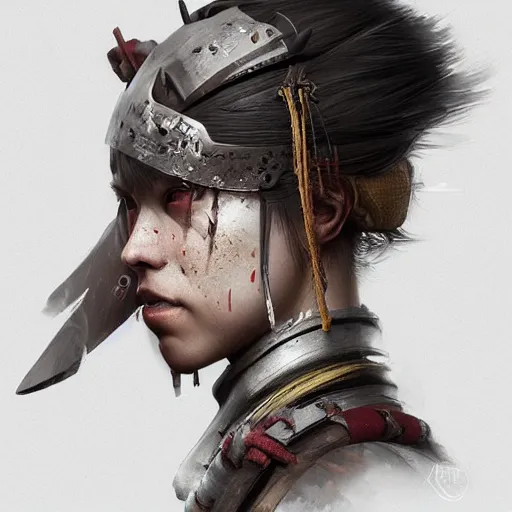 Prompt: Sickly diseased dying female Samurai warrior, portrait by Cedric Peyravernay, highly detailed, excellent composition, cinematic concept art, dramatic lighting, trending on ArtStation