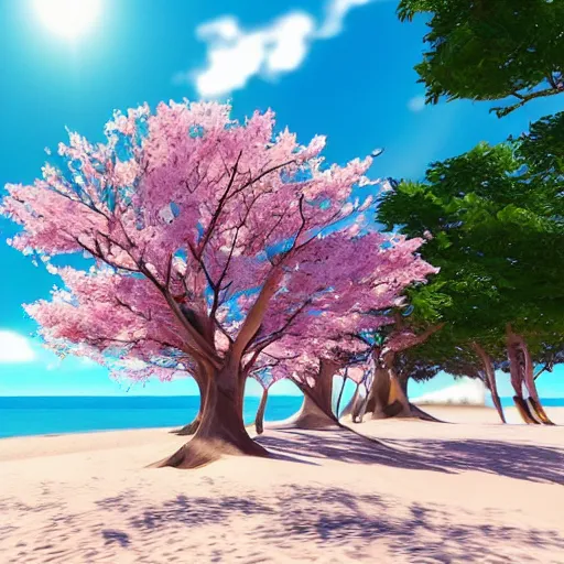 Image similar to very beautiful beach landscape with sakura trees, unreal engine