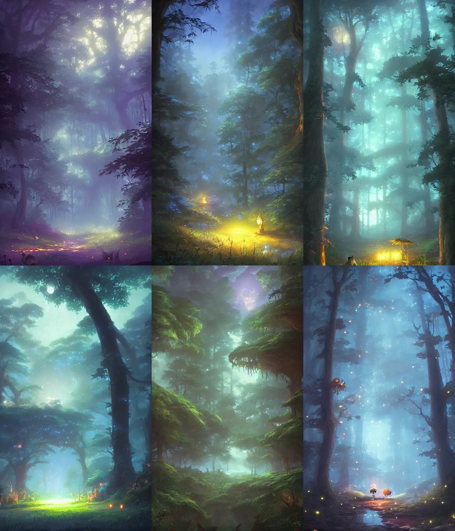 Prompt: magical forest with fireflies, fog, magical, night, dark, blue, by tyler edlin and studio ghibli, artstation