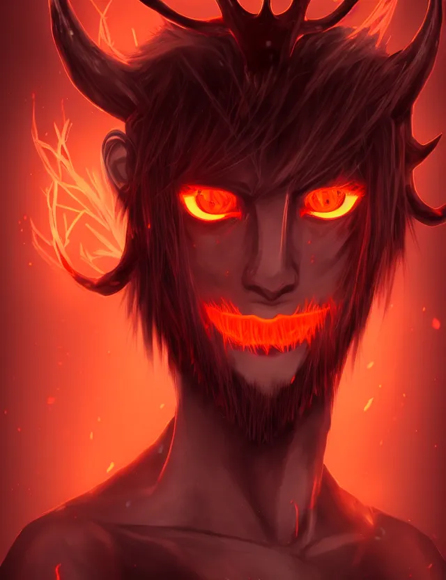 Prompt: a detailed manga portrait of a shadowy handsome demon boy with dark antlers and long crimson hair and glowing orange eyes, trending on artstation, digital art, 4 k resolution, detailed, high quality, sharp focus, hq artwork, coherent, insane detail, character portrait