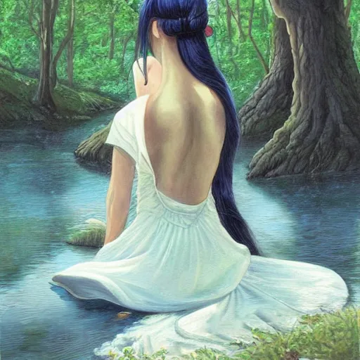 Prompt: a beautiful painting of the back view of a young lady in white dress sitting by the river in a grown forest, washing her dark long hair, sunlight reflected on the river, Moebius, Mohrbacher